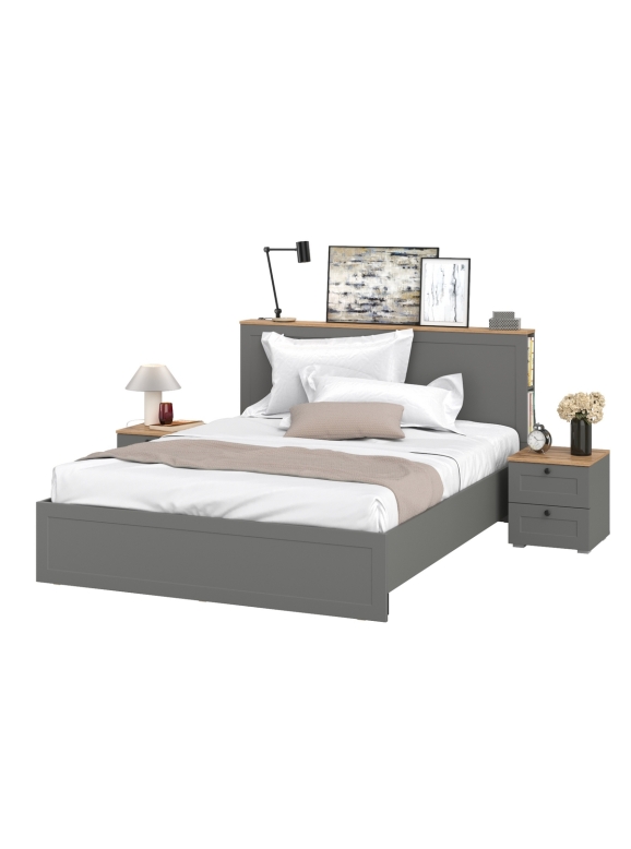 Остин 11.53 Кровать + ортопед + 16.152 Тумба 2 шт., цвет серый графит/дуб крафт золотой, ШхГхВ 245х217,2х99,3 см., сп. м. 1600х2000 мм, б/м
