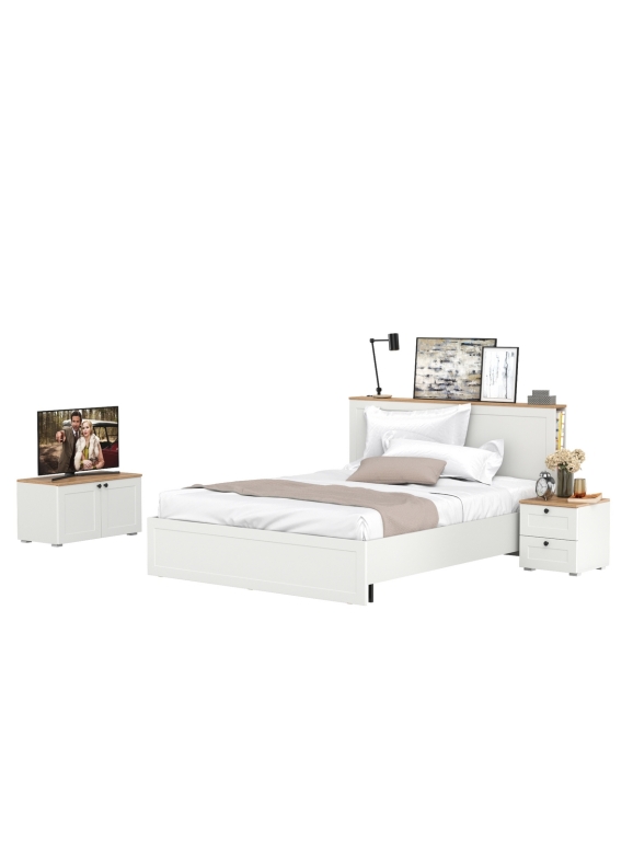 Остин 11.53 Кровать + ортопед + 16.152 Тумба прикроватная + 13.257 Тумба, цвет белый шагрень/дуб крафт золотой, сп. м. 1600х2000 мм, б/м