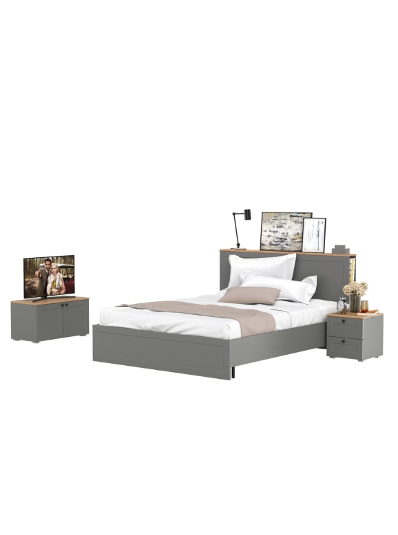 Остин 11.53 Кровать + ортопед + 16.152 Тумба прикроватная + 13.257 Тумба, цвет серый графит/дуб крафт золотой, сп. м. 1600х2000 мм, б/м