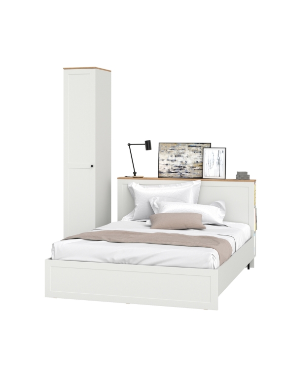 Остин 11.53 Кровать + ортопед + 13.225 Шкаф-пенал, цвет белый шагрень/дуб крафт золотой, ШхГхВ 205х217,2х229,8 см., сп. м. 1600х2000 мм, б/м