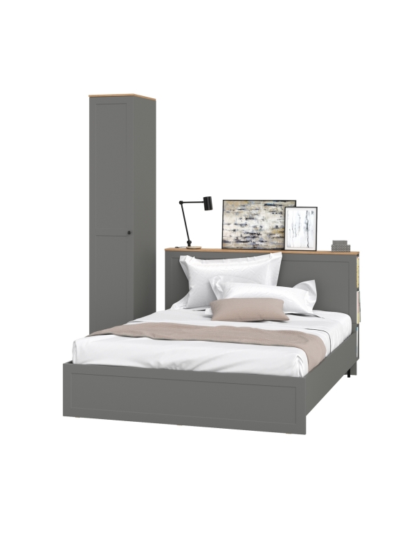 Остин 11.53 Кровать + ортопед + 13.225 Шкаф-пенал, цвет серый графит/дуб крафт золотой, ШхГхВ 205х217,2х229,8 см., сп. м. 1600х2000 мм, б/м