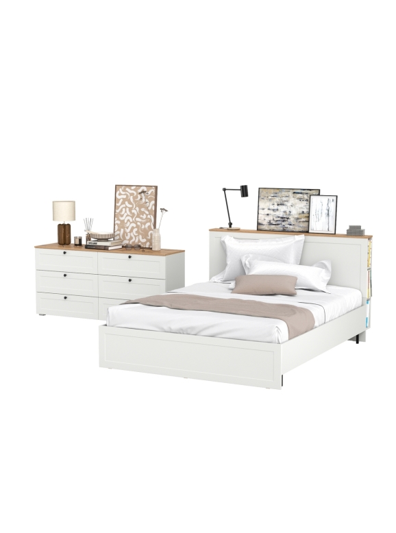 Остин 11.53 Кровать + ортопед + 16.240 Комод, цвет белый шагрень/дуб крафт золотой, ШхГхВ 325х217,2х99,3 см., сп. м. 1600х2000 мм, б/м