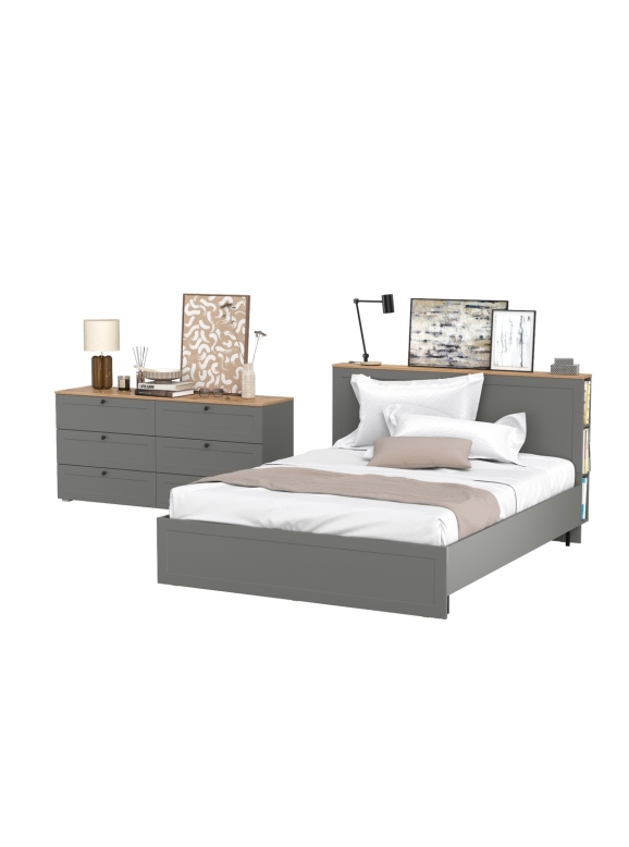 Остин 11.53 Кровать + ортопед + 16.240 Комод, цвет серый графит/дуб крафт золотой, ШхГхВ 325х217,2х99,3 см., сп. м. 1600х2000 мм, б/м