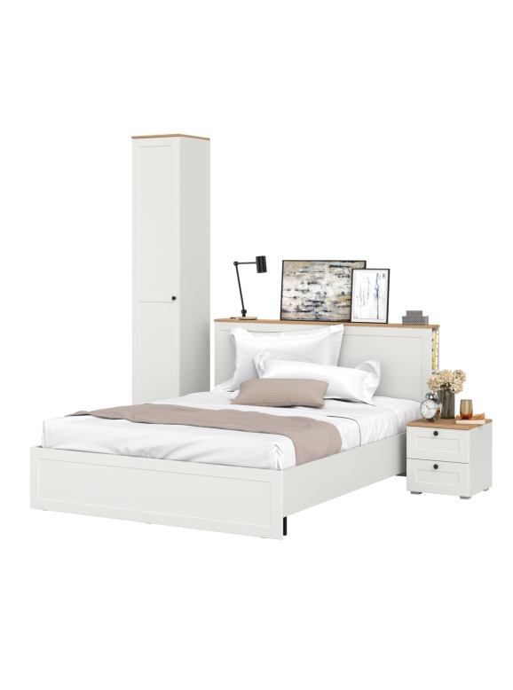 Остин 11.53 Кровать + ортопед + 13.227 Шкаф-пенал + 16.152 Тумба прикроватная, цвет белый шагрень/дуб крафт золотой, сп. м. 1600х2000 мм, б/м