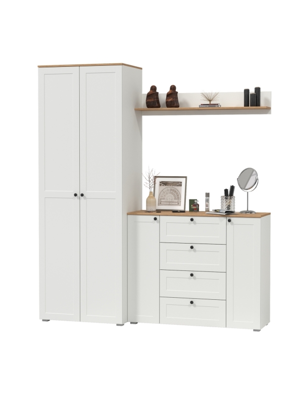 Остин Прихожая 62, цвет белый шагрень/дуб крафт золотой, ШхГхВ 200х54,3х229,6 см., универсальная сборка