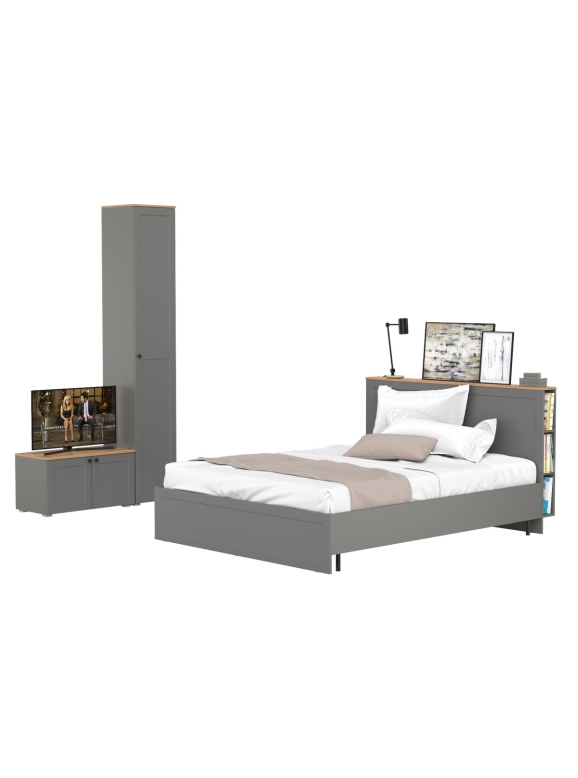 Остин 11.53 Кровать + ортопед + 13.227 Шкаф-пенал + 13.257 Тумба, цвет серый графит/дуб крафт золотой, сп. м. 1600х2000 мм, б/м