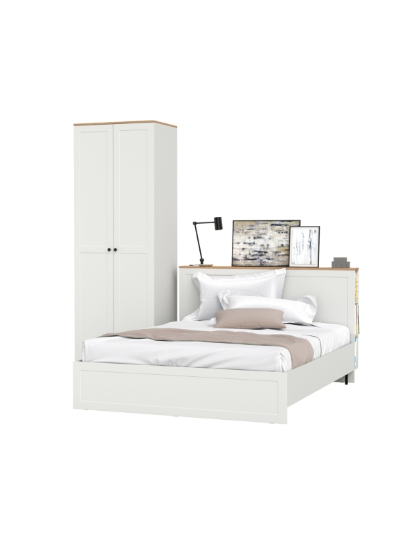 Остин 11.53 Кровать + ортопед + 13.224 Шкаф, цвет белый шагрень/дуб крафт золотой, ШхГхВ 245х217,2х229,8 см., сп. м. 1600х2000 мм, б/м