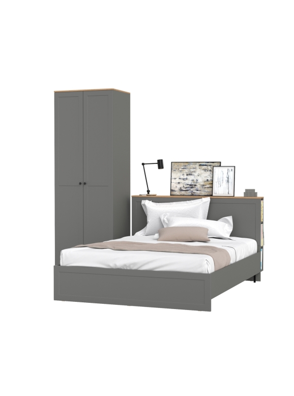 Остин 11.53 Кровать + ортопед + 13.224 Шкаф, цвет серый графит/дуб крафт золотой, ШхГхВ 245х217,2х229,8 см., сп. м. 1600х2000 мм, б/м