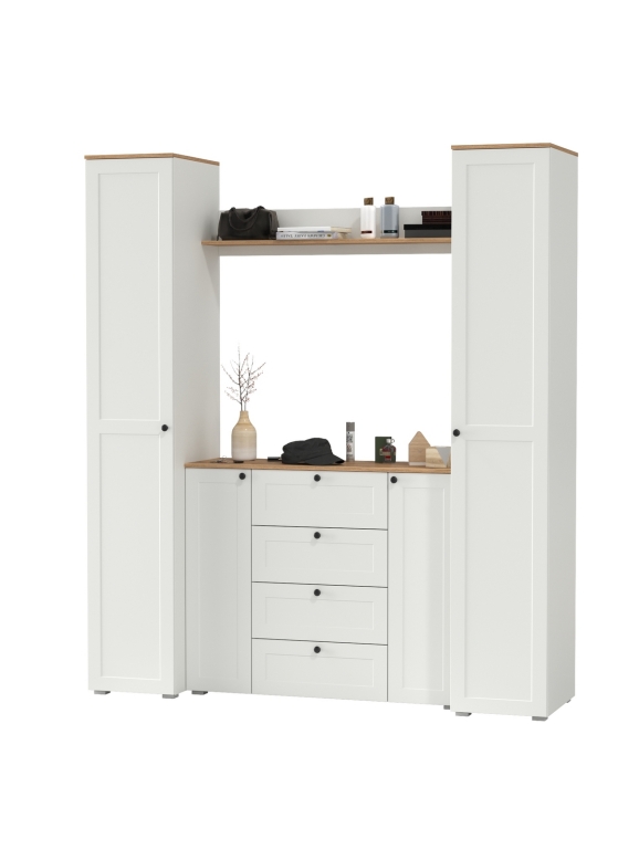 Остин Прихожая 74, цвет белый шагрень/дуб крафт золотой, ШхГхВ 200х54,3х229,6 см., универсальная сборка