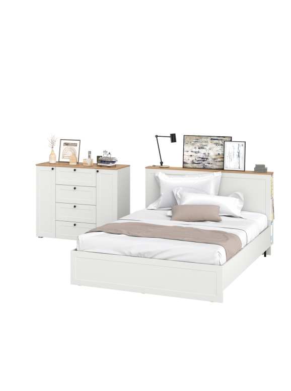 Остин 11.53 Кровать + ортопед + 16.221 Комод, цвет белый шагрень/дуб крафт золотой, ШхГхВ 285х217,2х99,3 см., сп. м. 1600х2000 мм, б/м