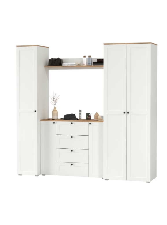 Остин Прихожая 75, цвет белый шагрень/дуб крафт золотой, ШхГхВ 240х54,3х229,6 см., универсальная сборка