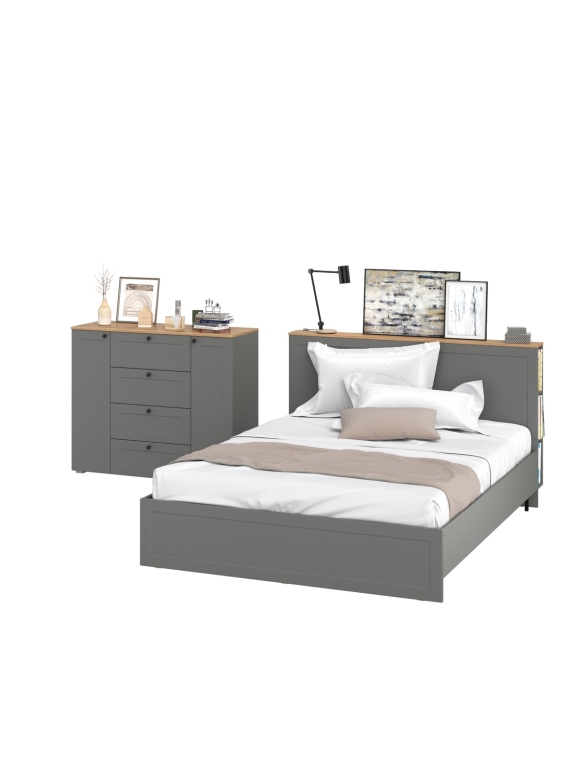 Остин 11.53 Кровать + ортопед + 16.221 Комод, цвет серый графит/дуб крафт золотой, ШхГхВ 285х217,2х99,3 см., сп. м. 1600х2000 мм, б/м