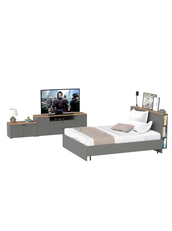 Остин 11.53 Кровать + ортопед + 16.47 Тумба под ТВ + 13.257 Тумба, цвет серый графит/дуб крафт золотой, сп. м. 1600х2000 мм, б/м