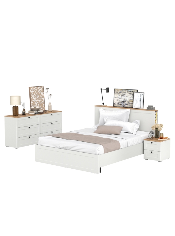 Остин 11.53 Кровать + ортопед + 16.240 Комод + 16.152 Тумба прикроватная, цвет белый шагрень/дуб крафт золотой, сп. м. 1600х2000 мм, б/м