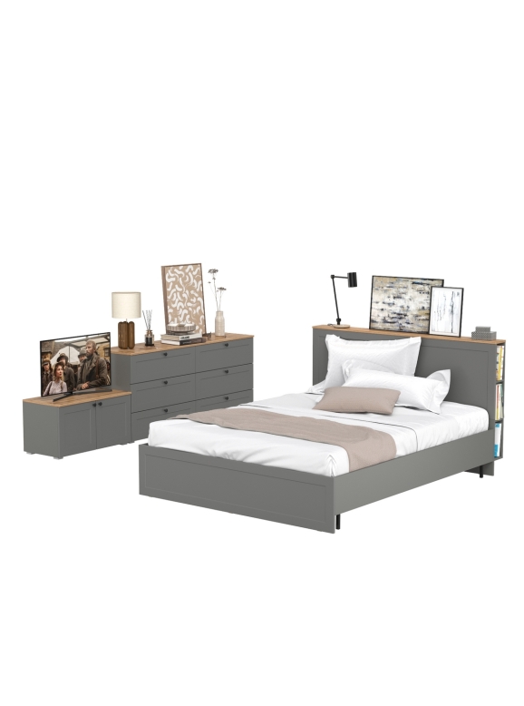 Остин 11.53 Кровать + ортопед + 16.240 Комод + 13.257 Тумба, цвет серый графит/дуб крафт золотой, сп. м. 1600х2000 мм, б/м