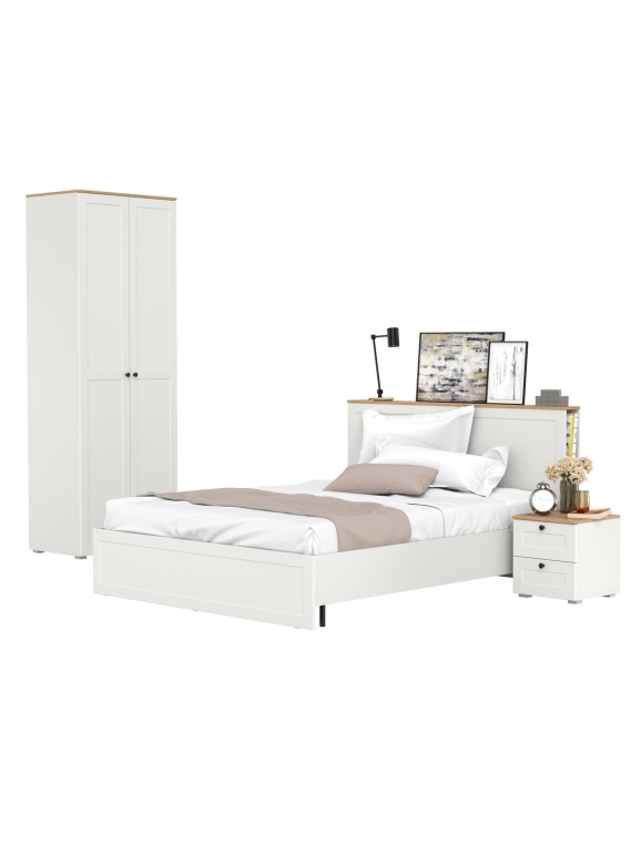 Остин 11.53 Кровать + ортопед + 13.224 Шкаф + 16.152 Тумба прикроватная, цвет белый шагрень/дуб крафт золотой, сп. м. 1600х2000 мм, б/м