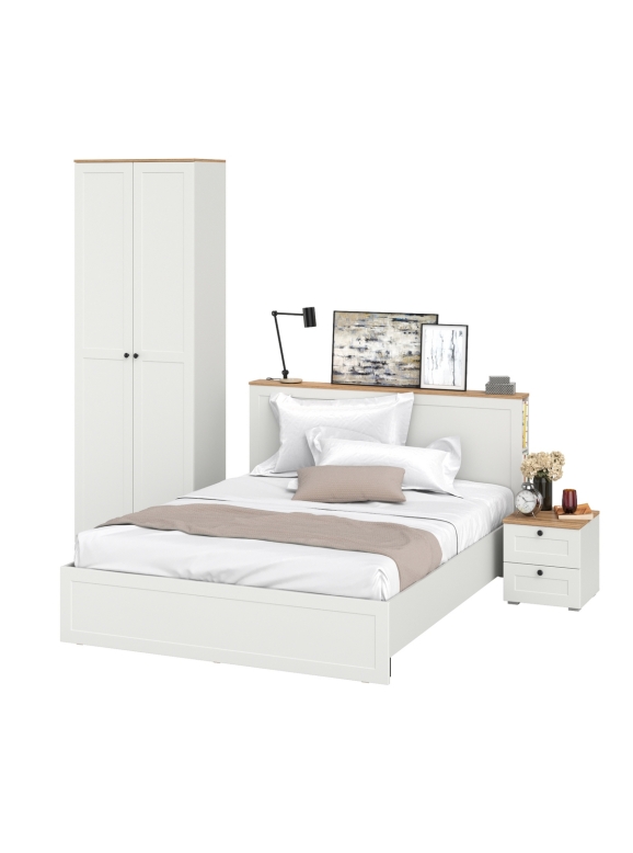 Остин 11.53 Кровать + ортопед + 16.307 Шкаф + 16.152 Тумба прикроватная, цвет белый шагрень/дуб крафт золотой, сп. м. 1600х2000 мм, б/м