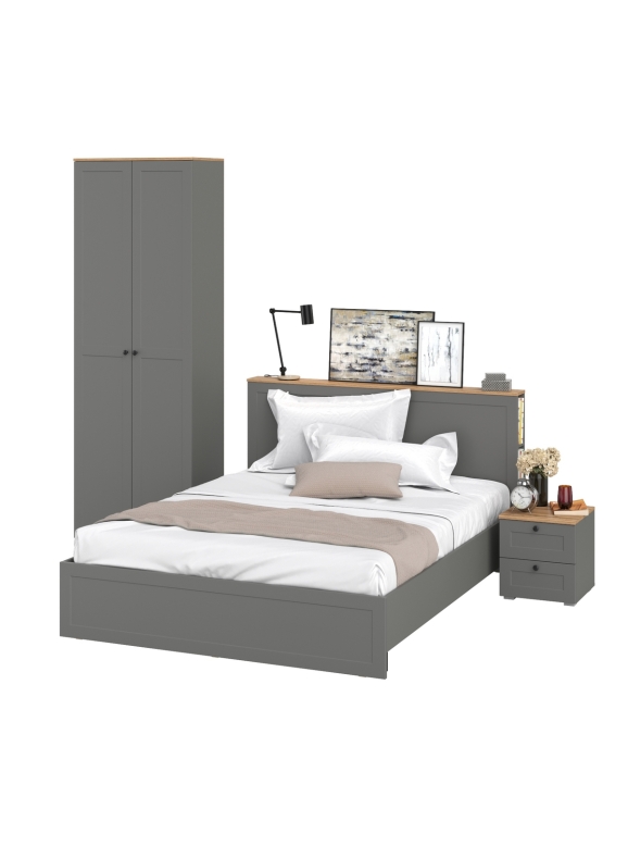 Остин 11.53 Кровать + ортопед + 16.307 Шкаф + 16.152 Тумба прикроватная, цвет серый графит/дуб крафт золотой, сп. м. 1600х2000 мм, б/м