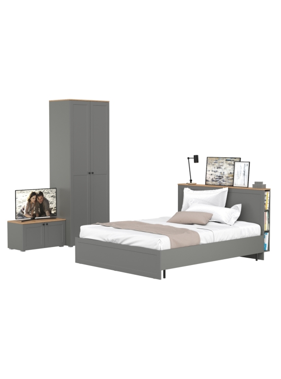 Остин 11.53 Кровать + ортопед + 13.224 Шкаф + 13.257 Тумба, цвет серый графит/дуб крафт золотой, сп. м. 1600х2000 мм, б/м