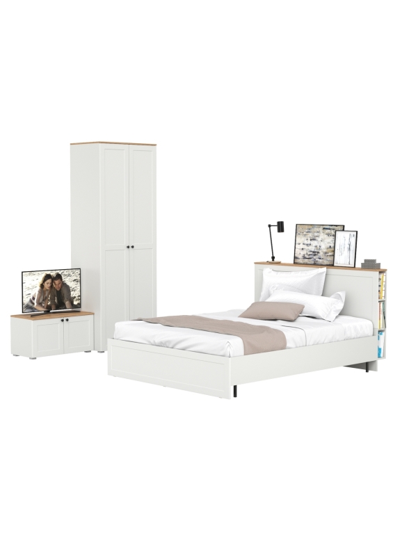 Остин 11.53 Кровать + ортопед + 13.224 Шкаф + 13.257 Тумба, цвет белый шагрень/дуб крафт золотой, сп. м. 1600х2000 мм, б/м