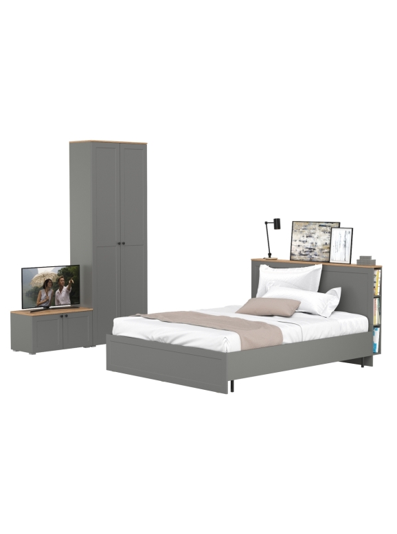 Остин 11.53 Кровать + ортопед + 16.307 Шкаф + 13.257 Тумба, цвет серый графит/дуб крафт золотой, сп. м. 1600х2000 мм, б/м