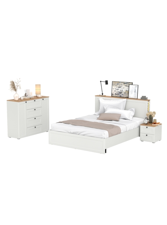 Остин 11.53 Кровать + ортопед + 16.152 Тумба прикроватная + 16.221 Комод, цвет белый шагрень/дуб крафт золотой, сп. м. 1600х2000 мм, б/м