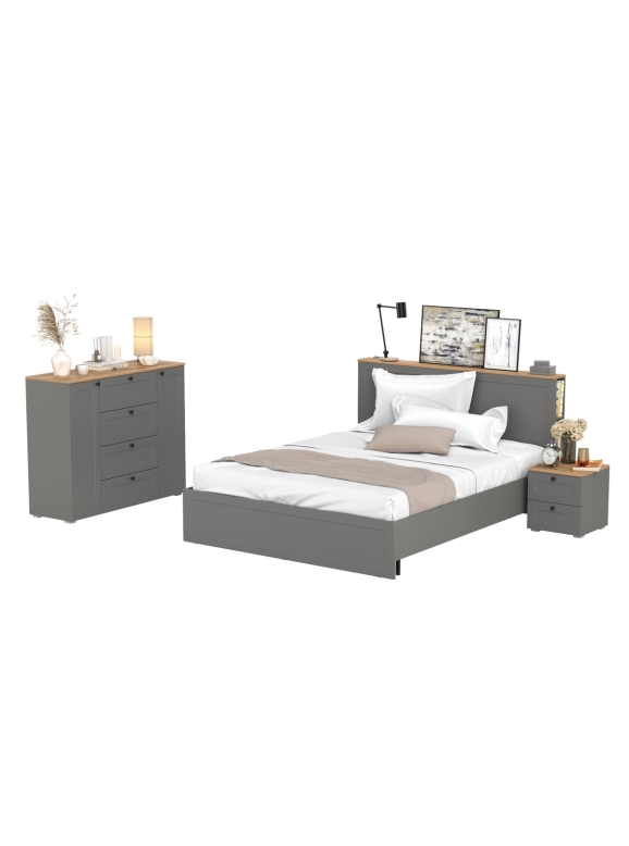 Остин 11.53 Кровать + ортопед + 16.152 Тумба прикроватная + 16.221 Комод, цвет серый графит/дуб крафт золотой, сп. м. 1600х2000 мм, б/м