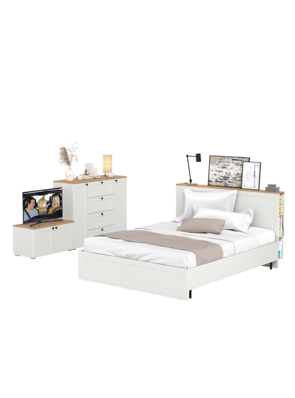 Остин 11.53 Кровать + ортопед + 16.221 Комод + 13.257 Тумба, цвет белый шагрень/дуб крафт золотой, сп. м. 1600х2000 мм, б/м