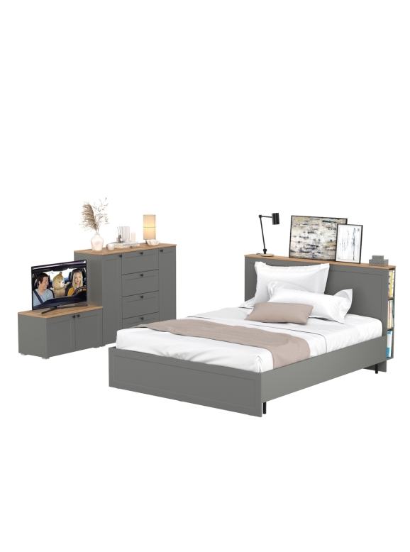 Остин 11.53 Кровать + ортопед + 16.221 Комод + 13.257 Тумба, цвет серый графит/дуб крафт золотой, сп. м. 1600х2000 мм, б/м