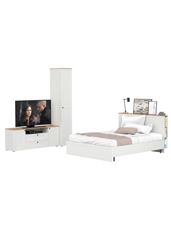 Остин 11.53 Кровать + ортопед + 13.225 Шкаф-пенал + 16.47 Тумба под ТВ, цвет белый шагрень/дуб крафт золотой, сп. м. 1600х2000 мм, б/м