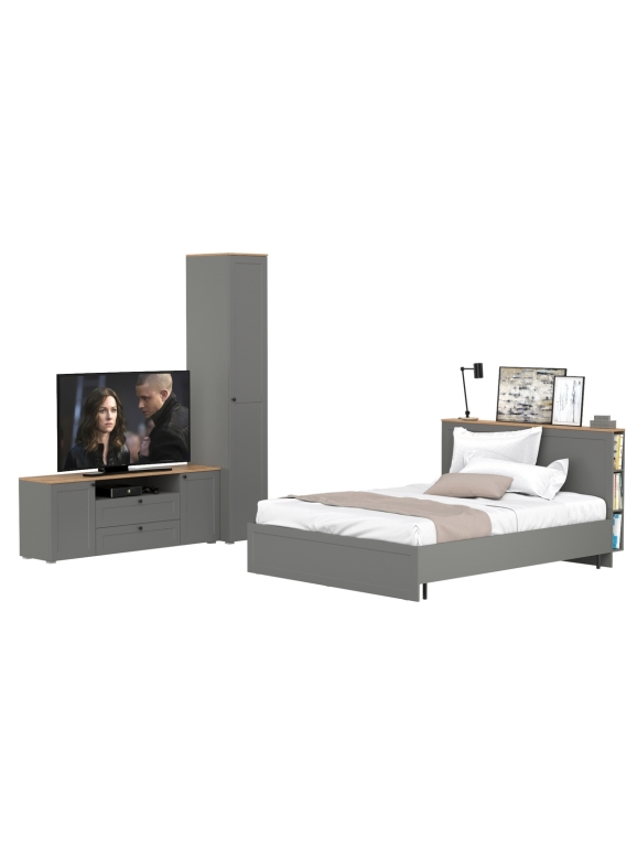 Остин 11.53 Кровать + ортопед + 13.225 Шкаф-пенал + 16.47 Тумба под ТВ, цвет серый графит/дуб крафт золотой, сп. м. 1600х2000 мм, б/м