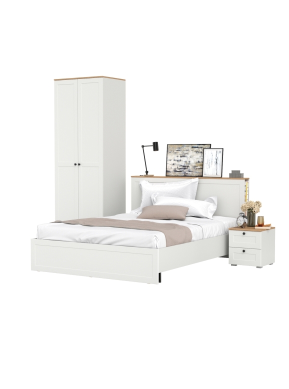 Остин 11.53 Кровать + ортопед + 13.336.02 Шкаф для одежды + 16.152 Тумба прикроватная, цвет белый шагрень/дуб крафт золотой, сп. м. 1600х2000 мм, б/м