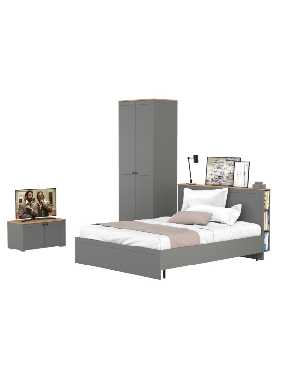 Остин 11.53 Кровать + ортопед + 13.336.02 Шкаф для одежды + 13.257 Тумба, цвет серый графит/дуб крафт золотой, сп. м. 1600х2000 мм, б/м