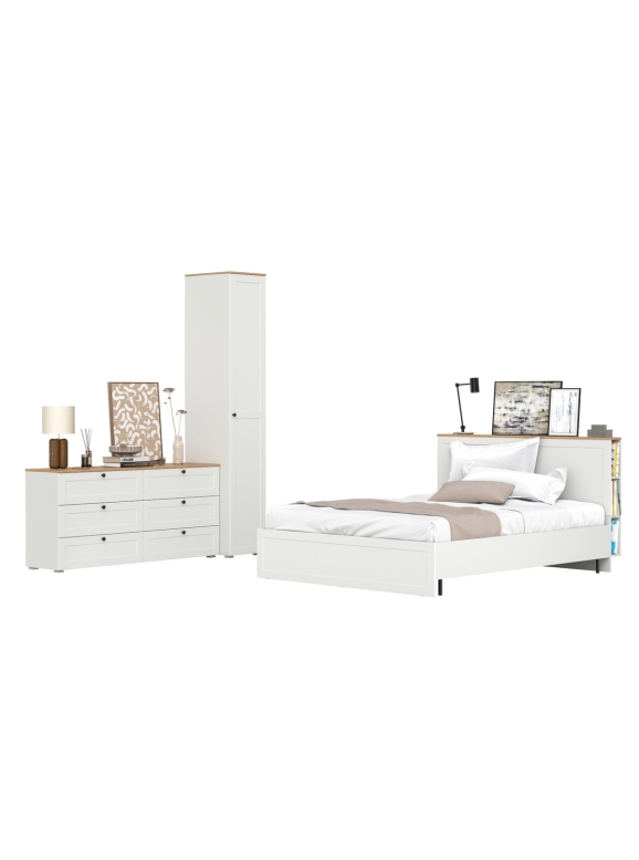 Остин 11.53 Кровать + ортопед + 13.225 Шкаф-пенал + 16.240 Комод, цвет белый шагрень/дуб крафт золотой, сп. м. 1600х2000 мм, б/м