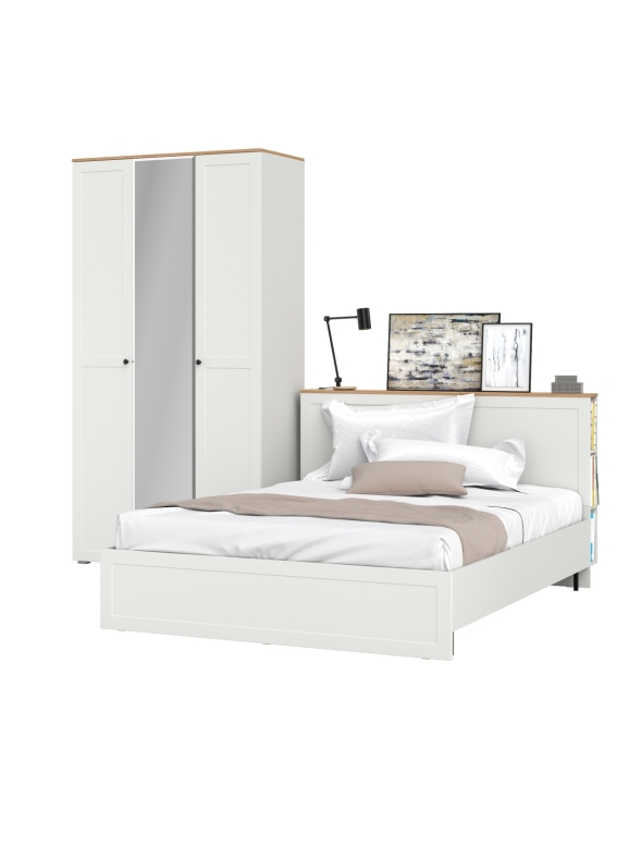Остин 11.53 Кровать + ортопед + 13.336.03 Шкаф для одежды, цвет белый шагрень/дуб крафт золотой, ШхГхВ 285х217,2х229,8 см., сп. м. 1600х2000 мм, б/м