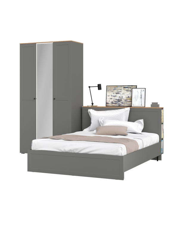 Остин 11.53 Кровать + ортопед + 13.336.03 Шкаф для одежды, цвет серый графит/дуб крафт золотой, ШхГхВ 285х217,2х229,8 см., сп. м. 1600х2000 мм, б/м