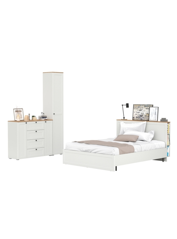 Остин 11.53 Кровать + ортопед + 13.227 Шкаф-пенал + 16.221 Комод, цвет белый шагрень/дуб крафт золотой, сп. м. 1600х2000 мм, б/м