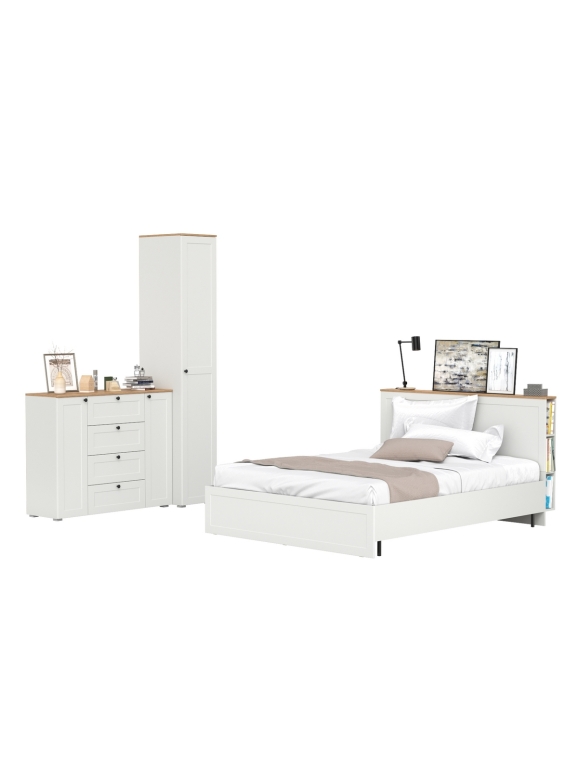 Остин 11.53 Кровать + ортопед + 13.225 Шкаф-пенал + 16.221 Комод, цвет белый шагрень/дуб крафт золотой, сп. м. 1600х2000 мм, б/м