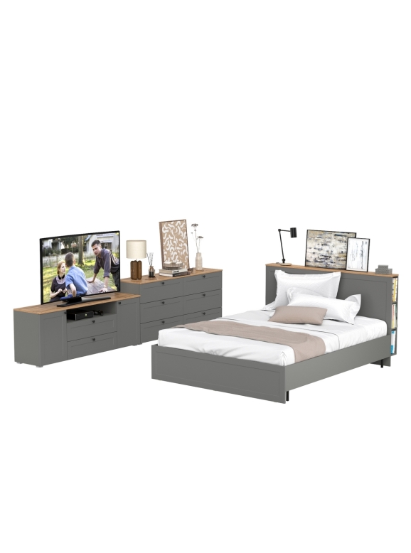 Остин 11.53 Кровать + ортопед + 16.240 Комод + 16.47 Тумба под ТВ, цвет серый графит/дуб крафт золотой, сп. м. 1600х2000 мм, б/м