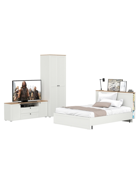 Остин 11.53 Кровать + ортопед + 13.224 Шкаф + 16.47 Тумба под ТВ, цвет белый шагрень/дуб крафт золотой, сп. м. 1600х2000 мм, б/м