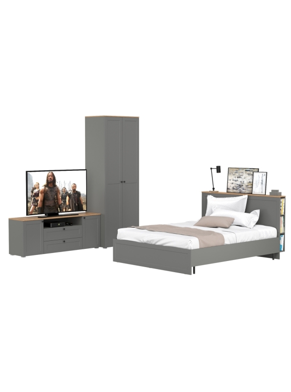 Остин 11.53 Кровать + ортопед + 13.224 Шкаф + 16.47 Тумба под ТВ, цвет серый графит/дуб крафт золотой, сп. м. 1600х2000 мм, б/м