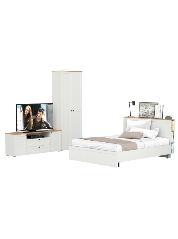 Остин 11.53 Кровать + ортопед + 16.307 Шкаф + 16.47 Тумба под ТВ, цвет белый шагрень/дуб крафт золотой, сп. м. 1600х2000 мм, б/м