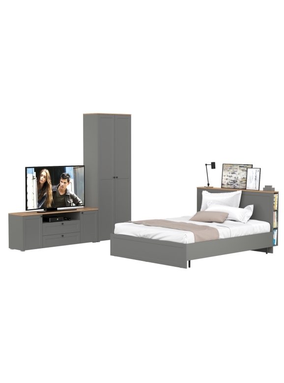 Остин 11.53 Кровать + ортопед + 16.307 Шкаф + 16.47 Тумба под ТВ, цвет серый графит/дуб крафт золотой, сп. м. 1600х2000 мм, б/м
