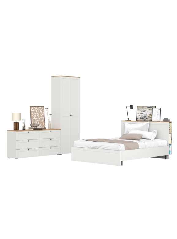 Остин 11.53 Кровать + ортопед + 16.307 Шкаф + 16.240 Комод, цвет белый шагрень/дуб крафт золотой, сп. м. 1600х2000 мм, б/м