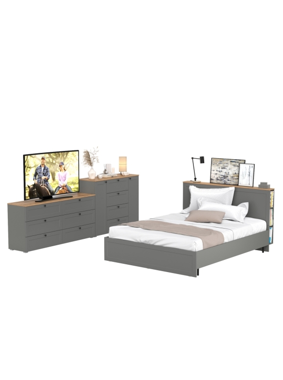 Остин 11.53 Кровать + ортопед + 16.240 Комод + 16.221 Комод, цвет серый графит/дуб крафт золотой, сп. м. 1600х2000 мм, б/м