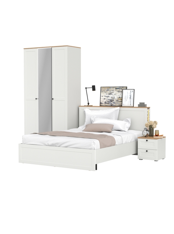 Остин 11.53 Кровать + ортопед + 13.336.03 Шкаф для одежды + 16.152 Тумба прикроватная, цвет белый шагрень/дуб крафт золотой, сп. м. 1600х2000 мм, б/м