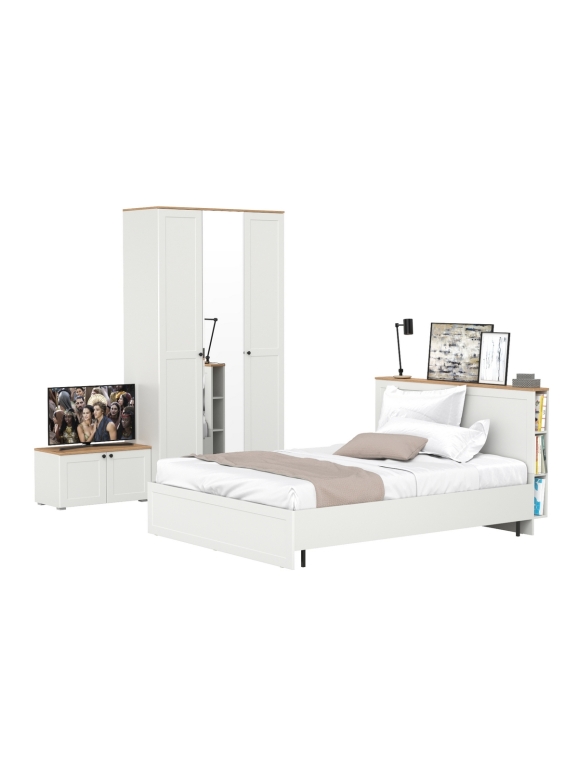 Остин 11.53 Кровать + ортопед + 13.336.03 Шкаф для одежды + 13.257 Тумба, цвет белый шагрень/дуб крафт золотой, сп. м. 1600х2000 мм, б/м