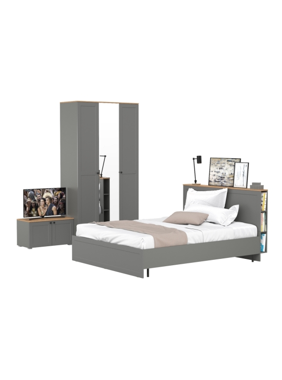 Остин 11.53 Кровать + ортопед + 13.336.03 Шкаф для одежды + 13.257 Тумба, цвет серый графит/дуб крафт золотой, сп. м. 1600х2000 мм, б/м