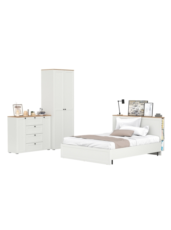 Остин 11.53 Кровать + ортопед + 13.224 Шкаф + 16.221 Комод, цвет белый шагрень/дуб крафт золотой, сп. м. 1600х2000 мм, б/м