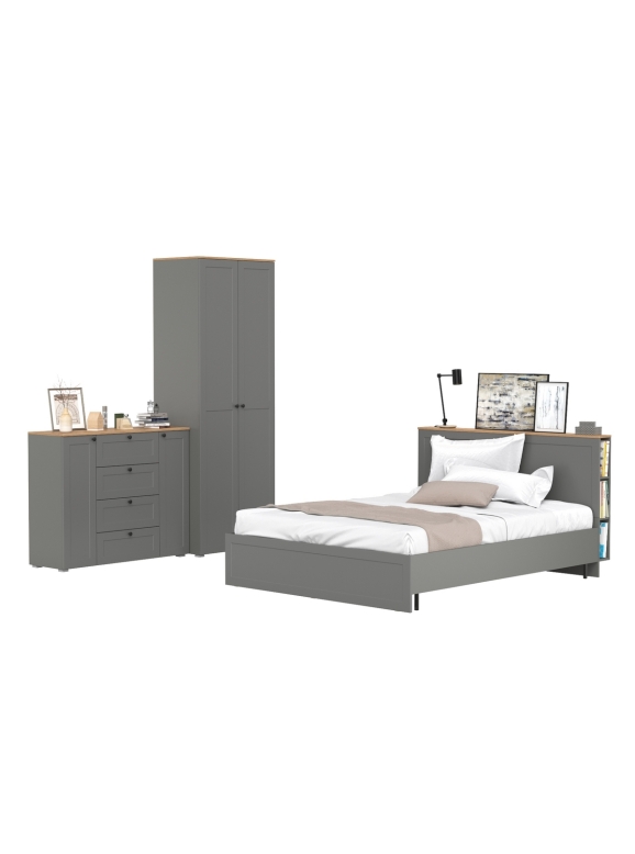 Остин 11.53 Кровать + ортопед + 13.224 Шкаф + 16.221 Комод, цвет серый графит/дуб крафт золотой, сп. м. 1600х2000 мм, б/м
